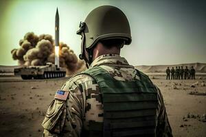 Soldier in front of a ballistic missile launch. Neural network AI generated photo