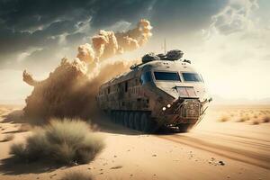 Military armored car rides in the desert. Neural network AI generated photo