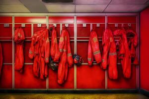 Locker room of a fire department with protection uniforms and helmets. Neural network AI generated photo