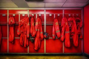 Locker room of a fire department with protection uniforms and helmets. Neural network AI generated photo