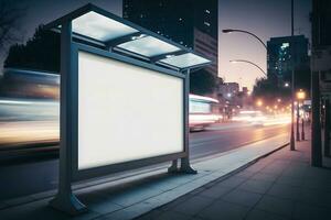 blanco publicidad ligero caja en autobús detener, Bosquejo de vacío anuncio cartelera en noche autobús estación, modelo bandera en antecedentes ciudad calle para texto. neural red ai generado foto