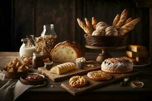 Bakery product assortment with bread loaves, buns, rolls and Danish pastries. Neural network AI generated photo