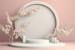 Fresh lush pink sakura flowers on branch with podium mockup in soft light. Neural network AI generated photo