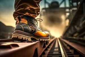 Close-up safety working shoe on a worker feet is standing at the factory. Neural network AI generated photo