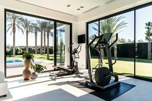 Private gym in luxury home. Neural network AI generated photo