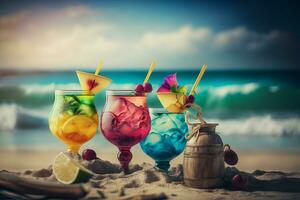 Cocktails by the sea. Summer beach mood. Neural network AI generated photo