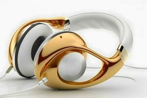Golden headphones on a white background. Neural network AI generated photo