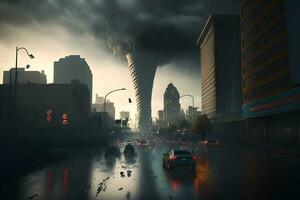 tornado tormenta en ciudad centrar con oscuro cielo y malo clima. neural red generado Arte foto