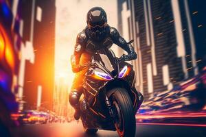 Modern futuristic fast sport bike with biker in city center. Neural network generated art photo