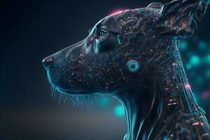 Portrait of a futuristic robot dog. An artistic abstract cyberpunk fantasy. Concept of a cyber dog. Neural network generated art photo