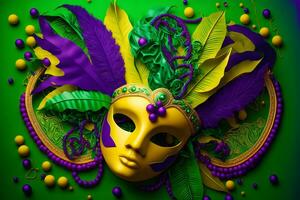 Group of venetian mardi gras mask or disguise on a colorful bright background. Neural network generated art photo