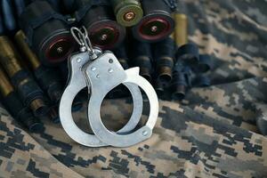 Ukrainian army machine gun belt shells and handcuffs on military uniform. Concept of bribery and war crimes photo