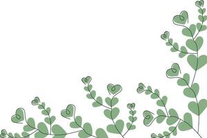 Corner frame of abstract spring twigs with hearts in trendy green shade. Design concept for greeting vector