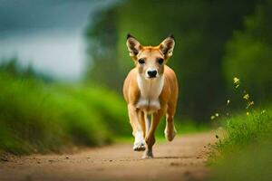 un perro corriendo en un suciedad la carretera en el medio de un campo. generado por ai foto