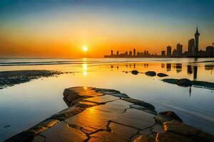 el ciudad horizonte es reflejado en el agua. generado por ai foto