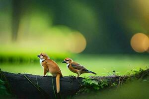 dos aves sentado en un Iniciar sesión en el bosque. generado por ai foto