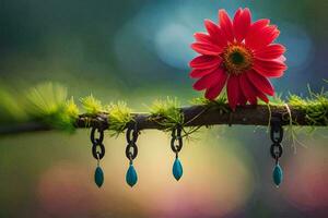 a red flower and turquoise earrings on a branch. AI-Generated photo