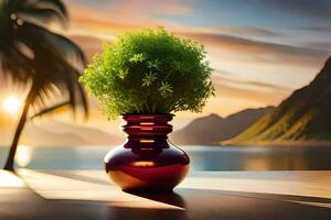 a vase with a plant in it on a table. AI-Generated photo