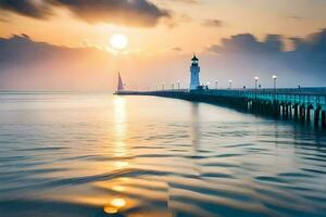 un faro soportes en el agua a puesta de sol. generado por ai foto