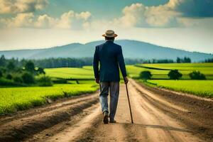 a man in a suit and hat walking down a dirt road. AI-Generated photo