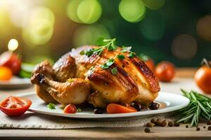 a roasted chicken on a plate with vegetables and herbs. AI-Generated photo