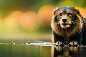 a lion sitting on the ground near water. AI-Generated photo