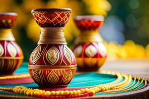 three colorful vases on a table with beads. AI-Generated photo