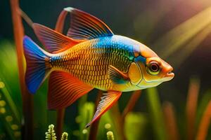 an orange and blue fish swimming in the water. AI-Generated photo