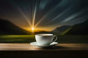 a cup of coffee on a table in front of a mountain. AI-Generated photo