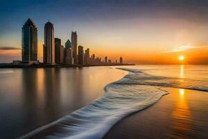 the sun rises over the city skyline in dubai. AI-Generated photo