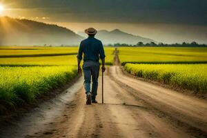 hombre caminando en un suciedad la carretera en un arroz campo. generado por ai foto