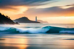 a lighthouse and waves crashing on the beach at sunset. AI-Generated photo