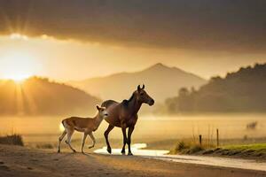 a horse and a fawn walk along a road at sunset. AI-Generated photo