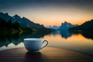 a cup of coffee on a table overlooking a lake and mountains. AI-Generated photo