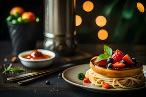 spaghetti with tomato sauce and berries on a plate. AI-Generated photo
