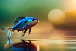 un pescado es en pie en el agua con un brillante ligero. generado por ai foto