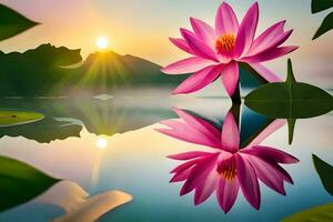 pink lotus flower in the water with the sun setting behind it. AI-Generated photo