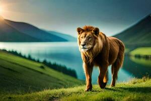 a lion walking on a grassy hill overlooking a lake. AI-Generated photo