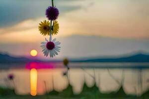 un flor colgando desde un cuerda terminado un lago. generado por ai foto