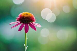 a single pink flower is standing in front of a green background. AI-Generated photo