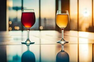 dos lentes de vino en un mesa en frente de un ciudad horizonte. generado por ai foto