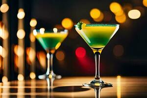 two green cocktails sit on a table with lights behind them. AI-Generated photo