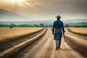 a man in a blue suit walks down a dirt road. AI-Generated photo