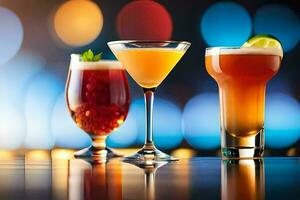 three different types of alcoholic drinks on a bar. AI-Generated photo