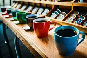 coffee cups on a shelf. AI-Generated photo