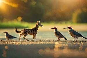 a cheetah and birds walking on the beach. AI-Generated photo