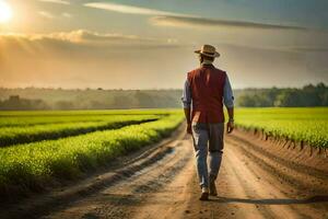 a man in a hat walks down a dirt road. AI-Generated photo