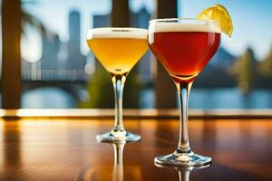two glasses of different colored drinks sit on a table. AI-Generated photo