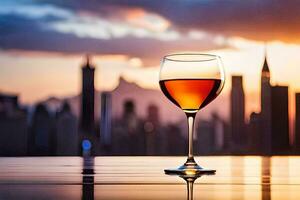 a glass of wine on a table in front of a city skyline. AI-Generated photo