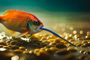 un pescado con un largo cola es comiendo algunos pescado alimento. generado por ai foto